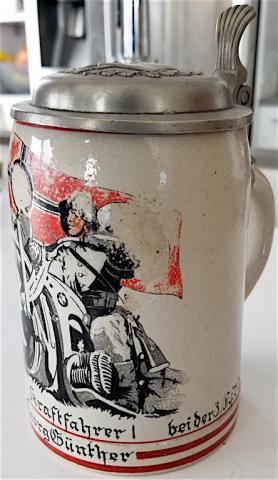 WW2 GERMAN NAZI AMAZING DENAZIFIED BEER STAIN SHOWING A NAZI SOLDIER RIDING A BMW MOTORCYCLE WITH A REICH FLAG - AMAZING FOR DISPLAY