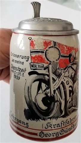 WW2 GERMAN NAZI AMAZING DENAZIFIED BEER STAIN SHOWING A NAZI SOLDIER RIDING A BMW MOTORCYCLE WITH A REICH FLAG - AMAZING FOR DISPLAY