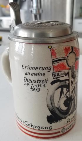 WW2 GERMAN NAZI AMAZING DENAZIFIED BEER STAIN SHOWING A NAZI SOLDIER RIDING A BMW MOTORCYCLE WITH A REICH FLAG - AMAZING FOR DISPLAY