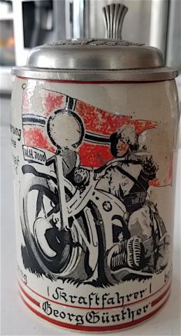 WW2 GERMAN NAZI AMAZING DENAZIFIED BEER STAIN SHOWING A NAZI SOLDIER RIDING A BMW MOTORCYCLE WITH A REICH FLAG - AMAZING FOR DISPLAY