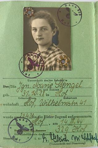 WW2 GERMAN NAZI AMAZING HITLER YOUNG WOMAN FLIP ID WITH PHOTO NAME AND STAMPS WOWWW2 GERMAN NAZI AMAZING HITLER YOUTH HITLERJUGEND YOUNG WOMAN FLIP ID WITH PHOTO NAME AND STAMPS WOW hj