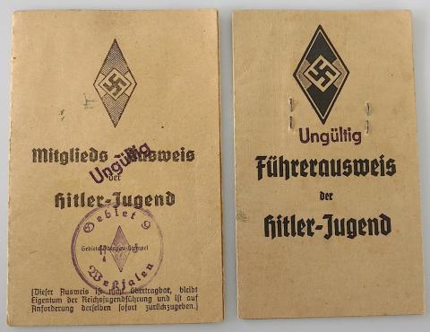 WW2 GERMAN NAZI AMAZING RARE SET OF 2 ID FROM THE SAME HITLER YOUTH YOUNG SOLDIER (CHILD) WITH NAME, PHOTOS, LOT OF STAMPS AND ENTRIES WOW !!