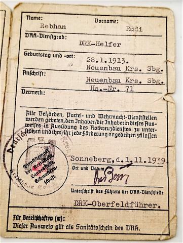 WW2 GERMAN NAZI DEUTSCHES ROTES KREUZ PERSONAL AUSWEIS DRK ID WITH PHOTO