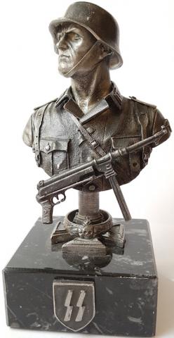 WW2 GERMAN NAZI EXTREMELY NICE POST WAR WAFFEN SS TOTENKOPF SOLDIER STATUE WITH SS RUNES AND MP40 MACHINE GUN ON MARBLE PODIUM WOW