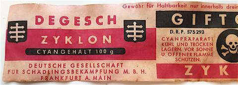 WW2 GERMAN NAZI EXTREMELY RARE - SCARCE CONCENTRATION CAMP HOLOCAUST ZYKLON B CANISTER LABEL