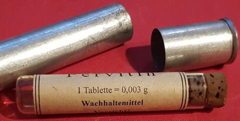 WW2 GERMAN NAZI EXTREMELY RARE WEHRMACHT - WAFFEN SS - PERVITIN EMPTY TUBE GLASS BOTTLE + METAL CASE - DRUG USED ON SOLDIERS TO MAKE THEM MACHINE OF WAR