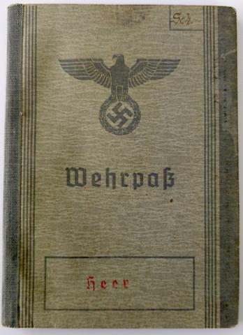 WW2 GERMAN NAZI HEER WEHRPASS ID+ DOCUMENT WITH PHOTOS AND ENTRIES - STAMPS