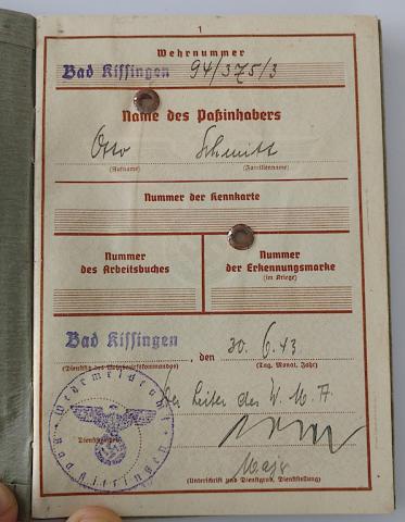 WW2 GERMAN NAZI HEER WEHRPASS ID+ DOCUMENT WITH PHOTOS AND ENTRIES - STAMPS