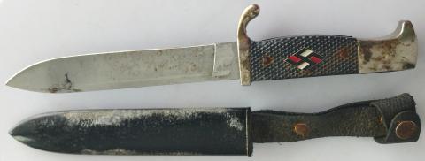 WW2 GERMAN NAZI HITLER YOUTH SIGNED BLADE KNIFE WITH ETUI RZM MAKER MARKED HITLERJUGEND HJ JEUNESSE HITLERIENNE COUTEAU