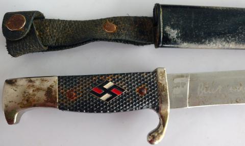 WW2 GERMAN NAZI HITLER YOUTH SIGNED BLADE KNIFE WITH ETUI RZM MAKER MARKED HITLERJUGEND HJ JEUNESSE HITLERIENNE COUTEAU