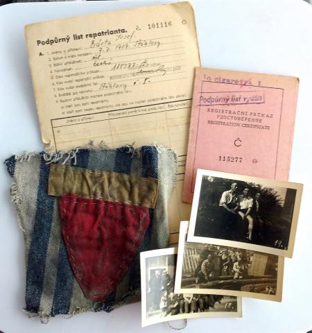 WW2 GERMAN NAZI HOLOCAUST CONCENTRATION CAMP BUCHENWALD GROUPING OF AN INMATE WHO SURVIVED WITH PAPERS OF LIBERATION, PHOTOS OF AFTER WAR AND HIS AMAZING JACKET'S PATCH WITH ID