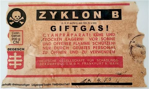 WW2 GERMAN NAZI HOLOCAUST MEGA RARE ZYKLON B GAS CANISTER LABEL PART, DATED AND STAMPED. FROM A LARGE ZYKLON B CONTAINER (RARER) CONCENTRATION CAMP JEW JEWISH JUDE JOOD JUIF