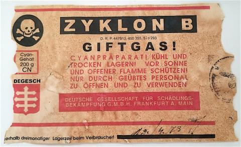 WW2 GERMAN NAZI HOLOCAUST MEGA RARE ZYKLON B GAS CANISTER LABEL PART, DATED AND STAMPED. FROM A LARGE ZYKLON B CONTAINER (RARER) CONCENTRATION CAMP JEW JEWISH JUDE JOOD JUIF