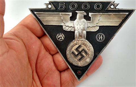 WW2 GERMAN NAZI LARGE SA - WAFFEN SS 5000 MILES RIDE EVENT ALUMINIUM LICENCE PLATE WITH EAGLE AND SWASTIKA