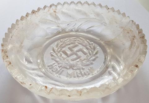 WW2 GERMAN NAZI NICE ADOLF HITLER NSDAP PARTISAN GLASS PLATE WITH THE SWASTIKA AND HEIL HITLER! REPAIRED