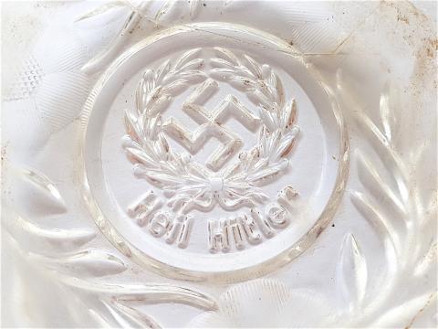 WW2 GERMAN NAZI NICE ADOLF HITLER NSDAP PARTISAN GLASS PLATE WITH THE SWASTIKA AND HEIL HITLER! REPAIRED