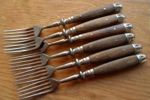 WW2 GERMAN NAZI NICE COMPLETE SET OF 6 WAFFEN SS FORKS WITH SS RUNES SILVERWARE KANTINE FOUND