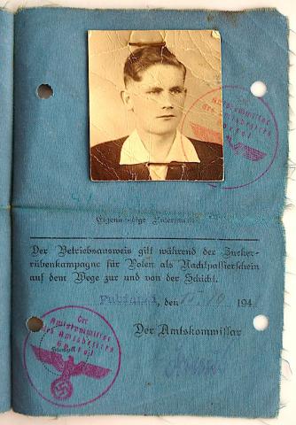 WW2 GERMAN NAZI NICE FLIP AUSWEIS TISSUS ID FROM WORKER WITH PHOTO NAME AND NICE REICH STAMPS