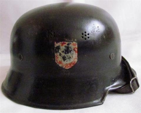 WW2 GERMAN NAZI NICE GH-400 M34 CIVIL POLICE OR FIREFIGHTER DOUBLE DECALS HELMET - MARKED UNIT 21 -  WITH CHINSTRAP