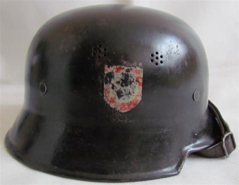 WW2 GERMAN NAZI NICE GH-400 M34 CIVIL POLICE OR FIREFIGHTER DOUBLE DECALS HELMET - MARKED UNIT 21 -  WITH CHINSTRAP