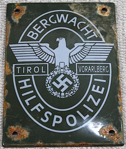 WW2 GERMAN NAZI NICE METAL SIGN OF THE BERGWACHT Deutsche Hilfspolizei