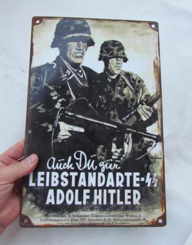 WW2 GERMAN NAZI NICE METAL SIGN PANEL OF THE WAFFEN SS - ADOLF HITLER RECRUITEMENT FAMOUS POSTER RELIC FOUND EMANEL