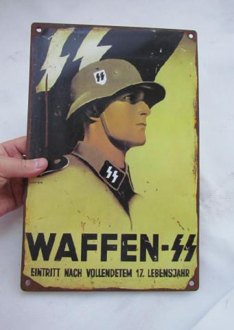 WW2 GERMAN NAZI NICE METAL SIGN PANEL OF THE WAFFEN SS RECRUITEMENT FAMOUS POSTER RELIC FOUND EMANEL