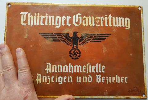 WW2 GERMAN NAZI NICE PANEL SIGN OF A THIRD REICH NAZI JOURNAL GAZETTE THURINGER GAUZEITUNG