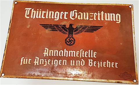 WW2 GERMAN NAZI NICE PANEL SIGN OF A THIRD REICH NAZI JOURNAL GAZETTE THURINGER GAUZEITUNG