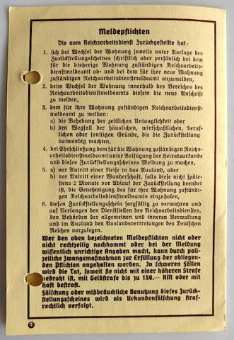 WW2 GERMAN NAZI NICE RAD FLIP ID AUSWEIS Reichsarbeitsdienst w.J.Zurückstellungsschein, Kreis Mainz, datiert 1940