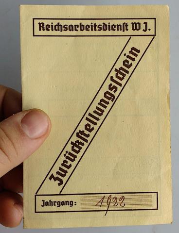 WW2 GERMAN NAZI NICE RAD FLIP ID AUSWEIS Reichsarbeitsdienst w.J.Zurückstellungsschein, Kreis Mainz, datiert 1940