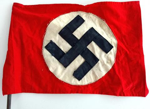 WW2 GERMAN NAZI NICE & RARE NSDAP DESKTOP FLAG WITH SS STAMP + POLE WOW