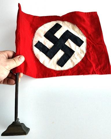 WW2 GERMAN NAZI NICE & RARE NSDAP DESKTOP FLAG WITH SS STAMP + POLE WOW