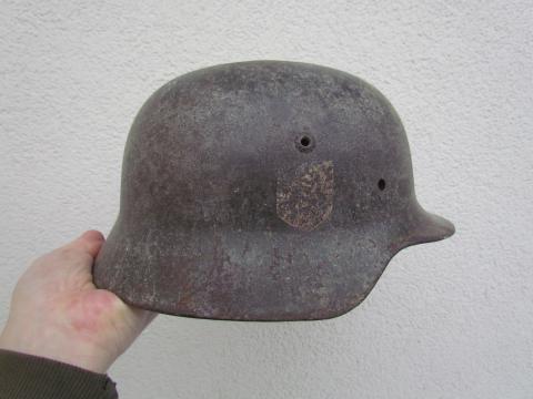 WW2 GERMAN NAZI NICE RELIC FOUND KURLAND WAFFEN SS TOTENKOPF PANZER GRENADIER DIVISION COMBAT M35 HELMET WITH DECAL STILL VISIBLE