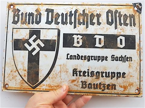 WW2 GERMAN NAZI NSDAP EARLY Bund Deutscher Osten (BDO) ORGANIZATION PANEL SIGN WITH SWASTIKA