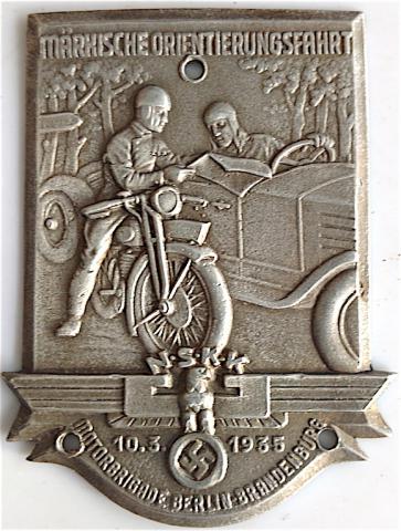 WW2 GERMAN NAZI PARAMILITARY MOTORCYCLE & CAR CLUB ALUMINIUM COMMEMORATIVE PLATE NSKK N.S.K.K 1935