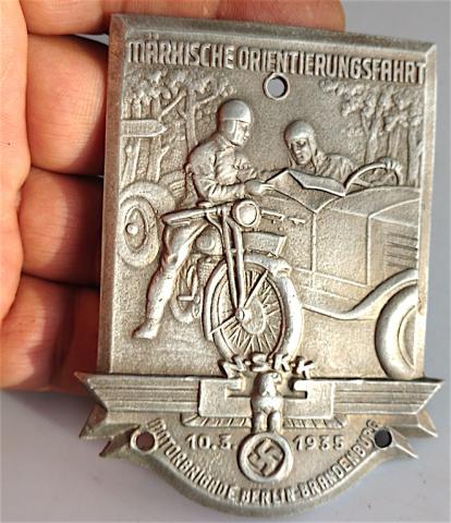 WW2 GERMAN NAZI PARAMILITARY MOTORCYCLE & CAR CLUB ALUMINIUM COMMEMORATIVE PLATE NSKK N.S.K.K 1935