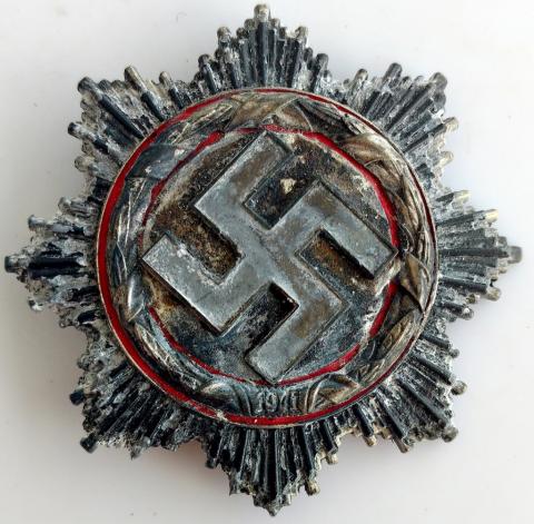 WW2 GERMAN NAZI RARE AWARD GERMAN CROSS IN SILVER BY 1 RELIC FOUND CONDITION MAKER MARKED ON THE PRONG