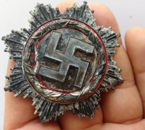 WW2 GERMAN NAZI RARE AWARD GERMAN CROSS IN SILVER BY 1 RELIC FOUND CONDITION MAKER MARKED ON THE PRONG