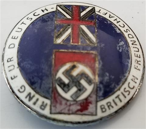 WW2 GERMAN NAZI RARE BADGE FOR THE BRITISH-GERMANY FRIENDSHIP  RING FÜR DEUTSCH-BRITISCHE FREUNDSCHAFT BY Deschler & Sohn, Ges. Gesch.