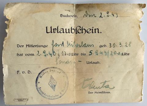 WW2 GERMAN NAZI RARE HITLER YOUTH DOCUMENT TO AUTORIZE A COUPLE OF DAYS OFF URLAUBSCHEIN HJ HITLERJUGEND WITH NICE STAMP