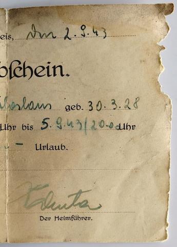 WW2 GERMAN NAZI RARE HITLER YOUTH DOCUMENT TO AUTORIZE A COUPLE OF DAYS OFF URLAUBSCHEIN HJ HITLERJUGEND WITH NICE STAMP