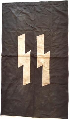 WW2 GERMAN NAZI RARE LARGE WAFFEN SS BLACK FLAG 140CM X 80CM BOTH SIDES SS RUNES AND POLE SUPPORT