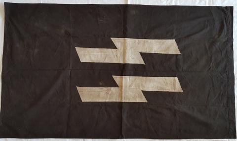 WW2 GERMAN NAZI RARE LARGE WAFFEN SS BLACK FLAG 140CM X 80CM BOTH SIDES SS RUNES AND POLE SUPPORT