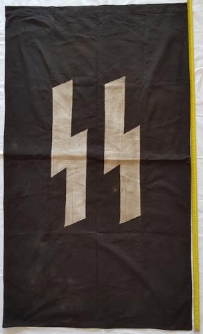 WW2 GERMAN NAZI RARE LARGE WAFFEN SS BLACK FLAG 140CM X 80CM BOTH SIDES SS RUNES AND POLE SUPPORT