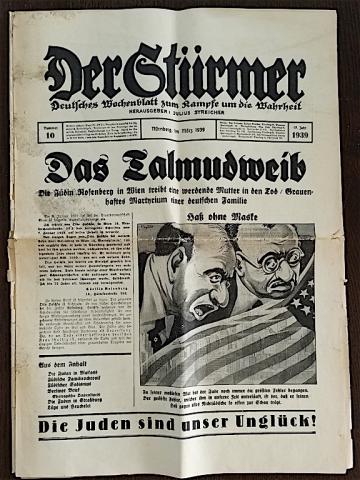 WW2 GERMAN NAZI RARE MOST INFAMOUS ANTI-SEMITIC ANTI-JEWISH GERMAN NEWSLETTER " DER STURMER " ISSUE FROM 1939 WITH AN AMAZING DRAWING ON THE COVER JEW JUIF JOOD JUDE HOLOCAUST
