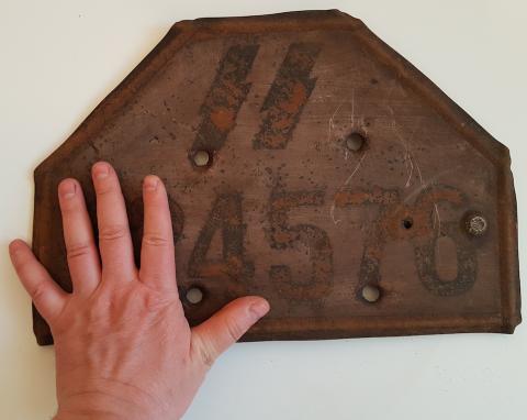 WW2 GERMAN NAZI RARE RELIC FOUND WAFFEN SS TOTENKOPF 3ND PANZER DIVISION TANK LICENCE PLATE WITH SOVIETS BULLET HOLES