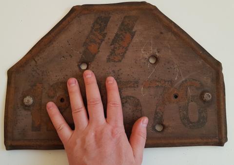 WW2 GERMAN NAZI RARE RELIC FOUND WAFFEN SS TOTENKOPF 3ND PANZER DIVISION TANK LICENCE PLATE WITH SOVIETS BULLET HOLES