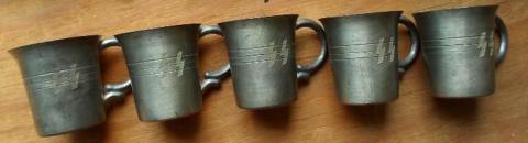 WW2 GERMAN NAZI RARE WAFFEN SS SET OF 5 SILVERWARE CUP WITH SS RUNES (ONE MISSING) ON WOODEN STAND