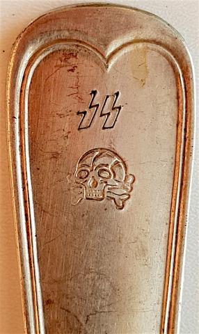 WW2 GERMAN NAZI RARE WAFFEN SS TOTENKOPF SILVERWARE FORK WITH SS RUNES AND SKULL ENGRAVED
